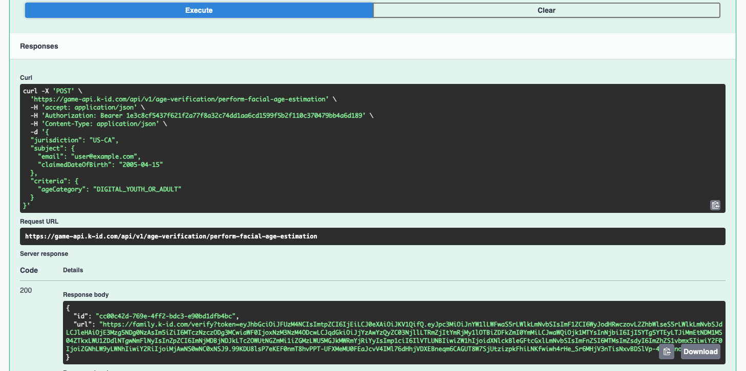 Sample Age Verification API Response