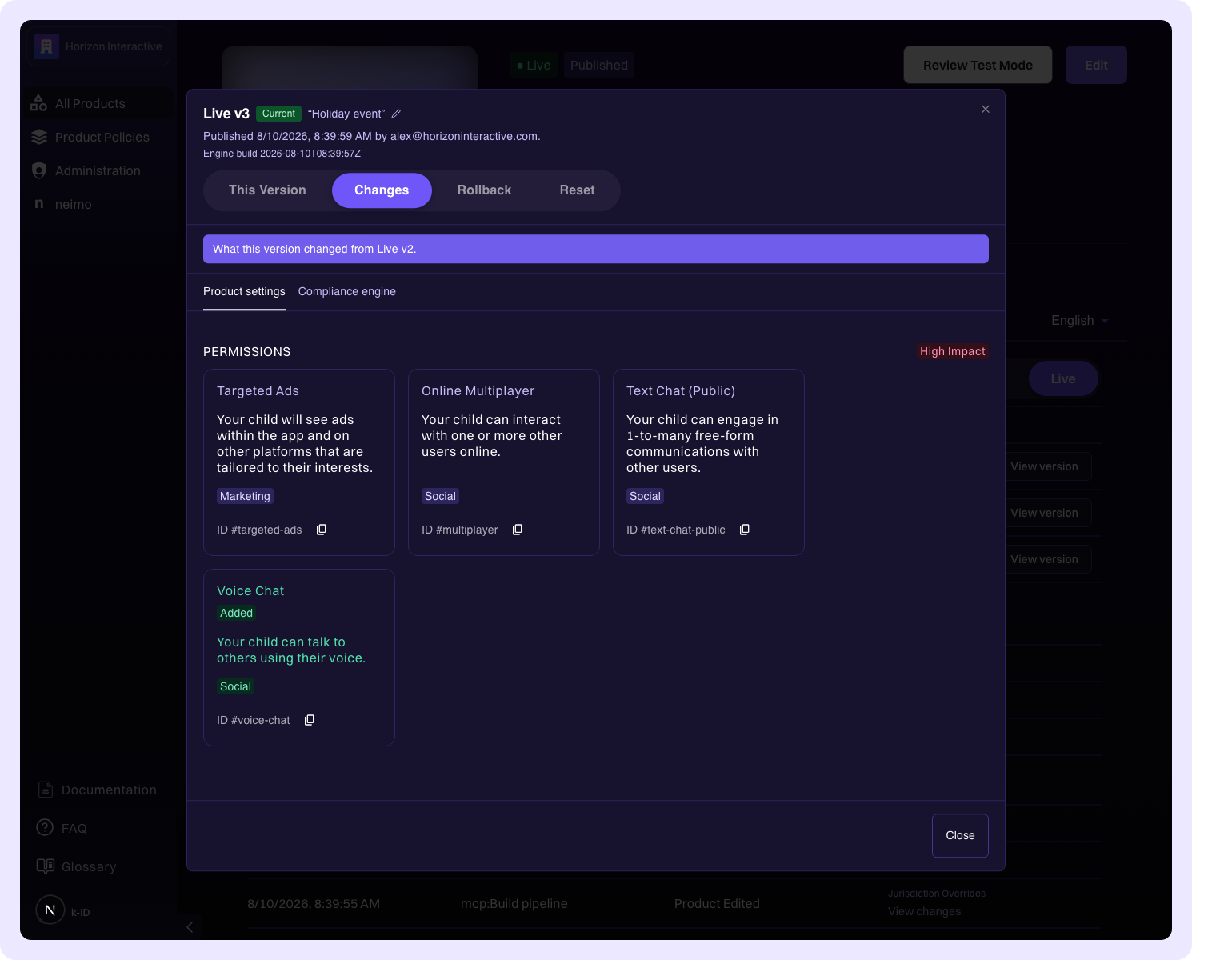 A version open on the Changes view
