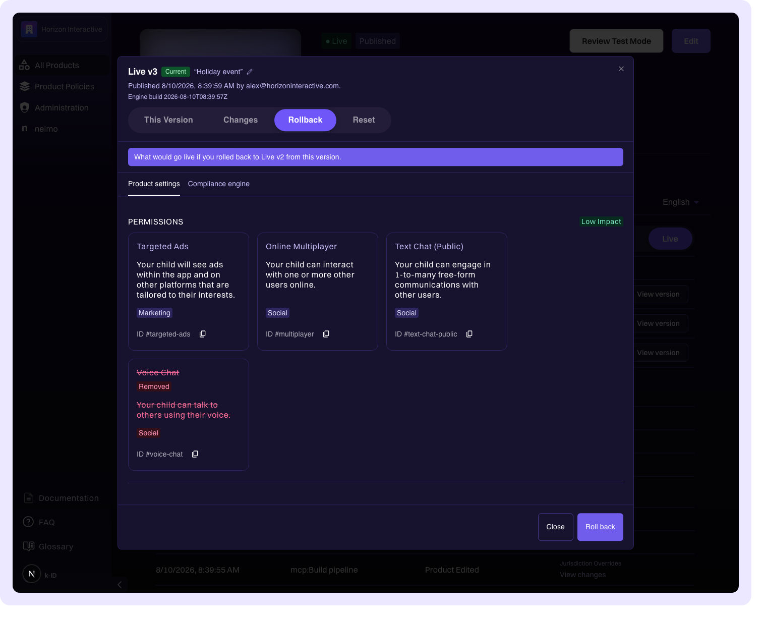 A version open on the Rollback view