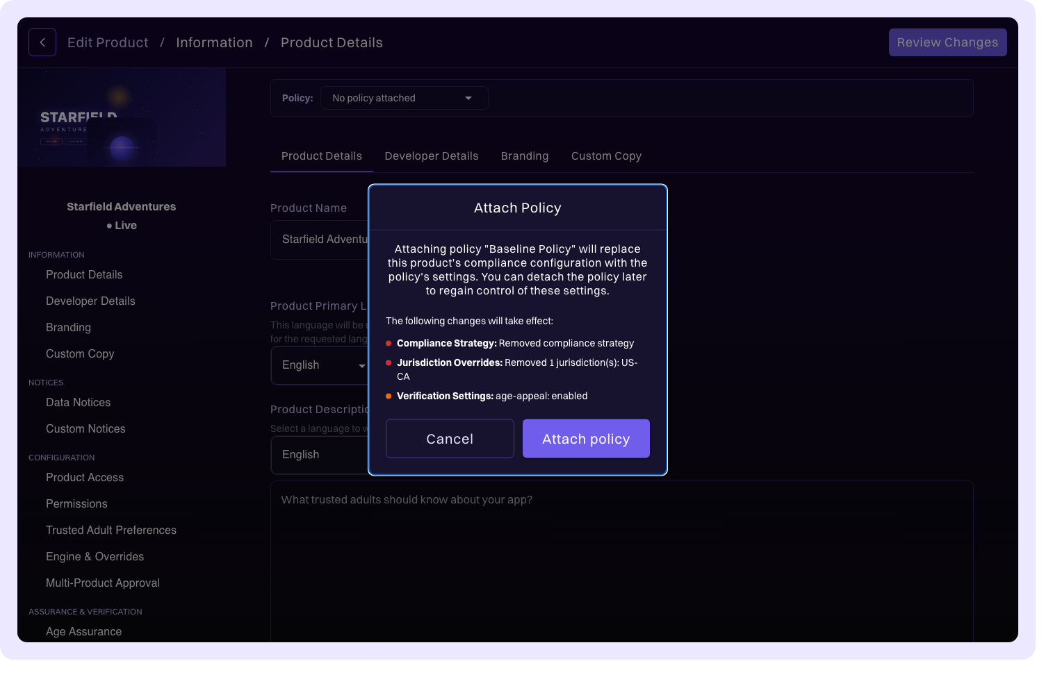Policy diff modal