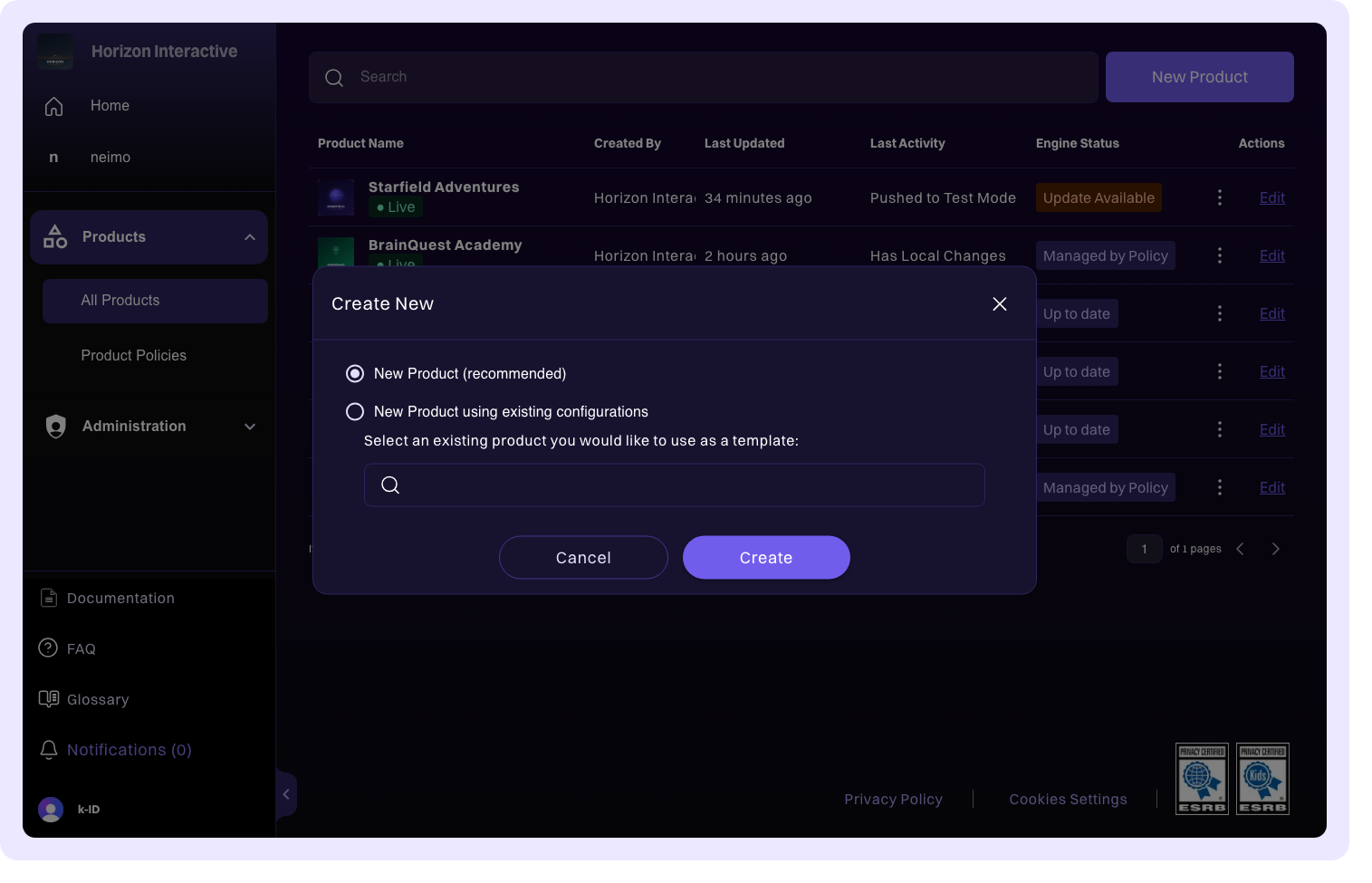 New product dialog
