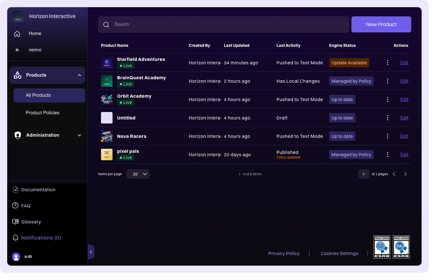 Products page