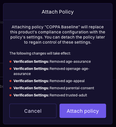 Attach policy diff modal