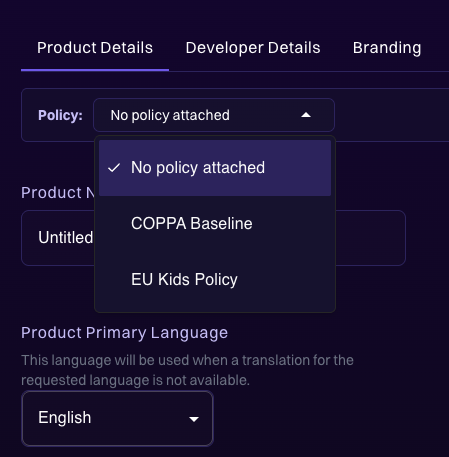 Policy selector dropdown