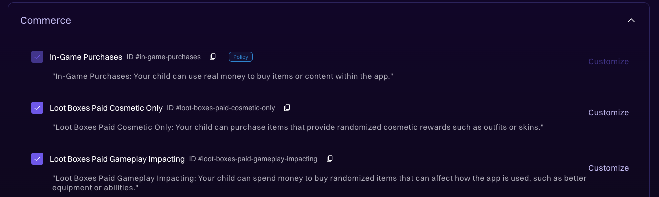 Permissions tab with policy-locked and product-added permissions