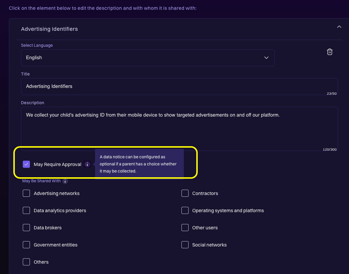 Data Notice with a data element marked as requiring parental approval